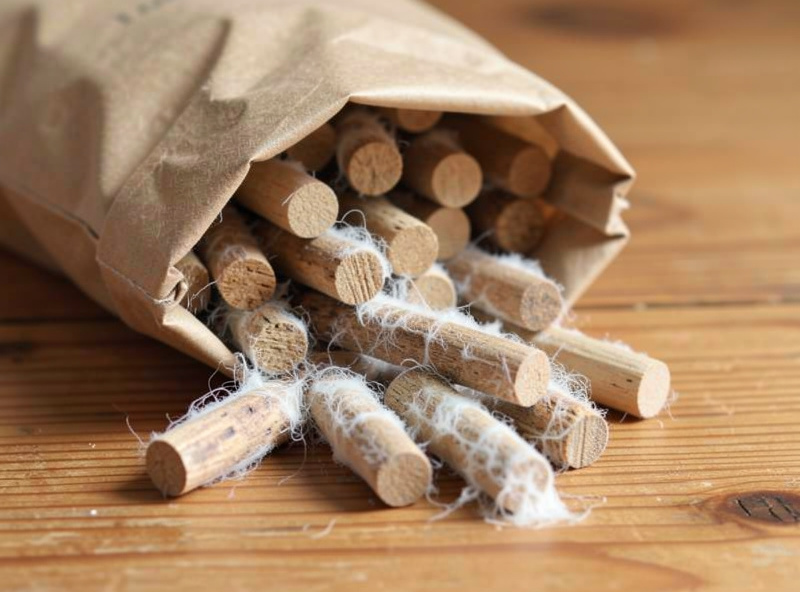 Colonized wooden dowel plugs covered in fuzzy white mycelium spilling out of a bag