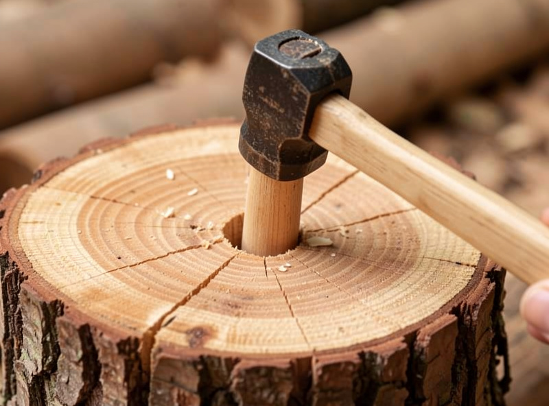 A wooden dowel plug being tapped into a drilled hole in an oak log with a small hammer