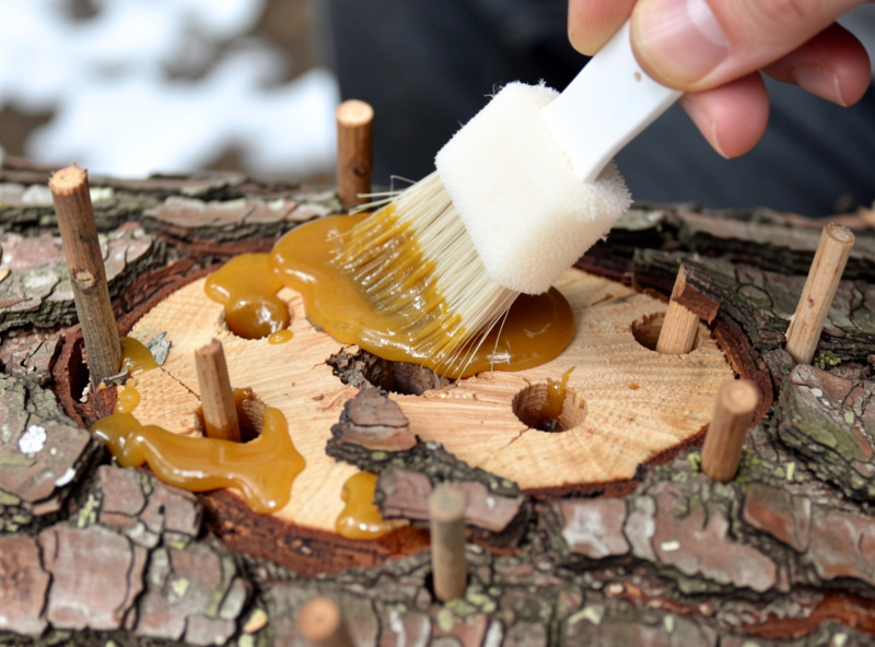 Molten wax being dabbed over inoculated dowel holes in a log with a foam brush