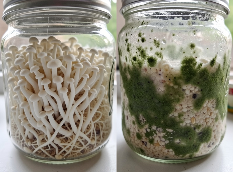 Two grain jars compared, healthy white mycelium beside green mold contamination
