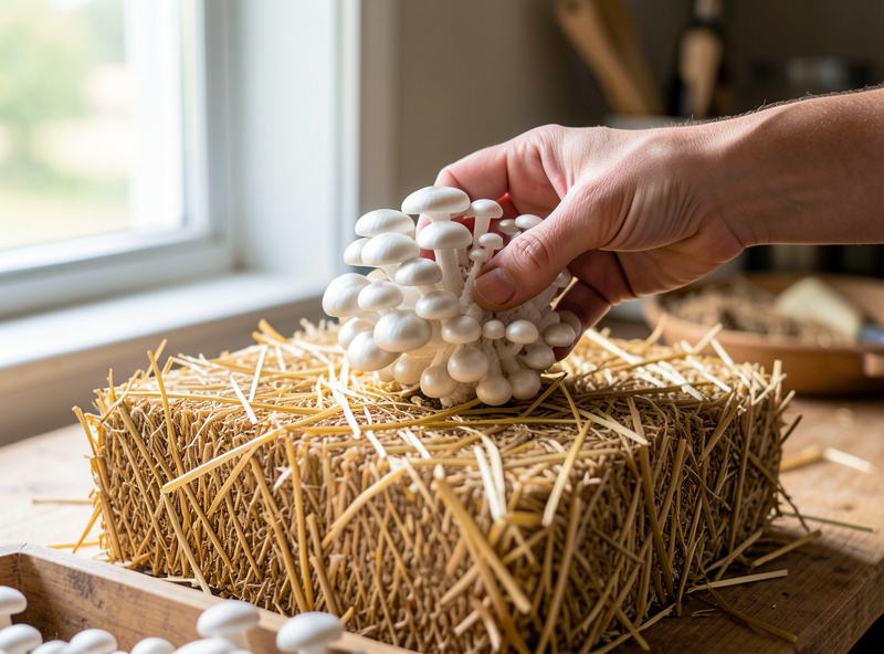 Hand harvesting a fresh cluster of pearl oyster mushrooms from a straw block