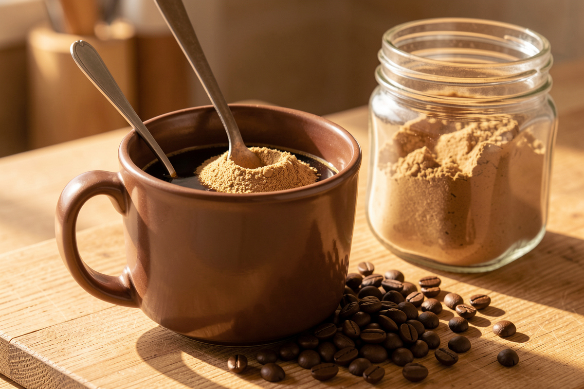 Mug of dark coffee with a spoon stirring in tan mushroom powder, coffee beans and a jar of powder alongside