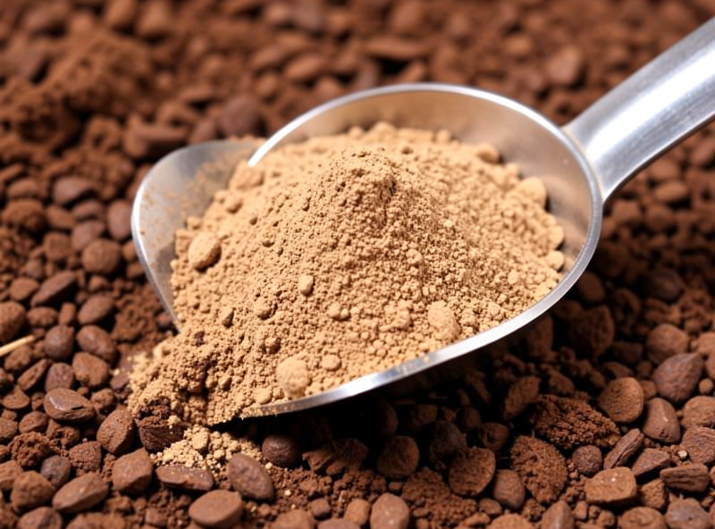 Close-up of ground coffee mixed with fine light-brown mushroom powder in a metal scoop