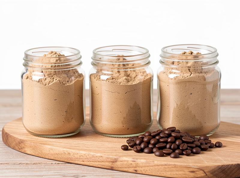Three glass jars of different pale-brown mushroom powders lined up beside coffee beans on a wooden board