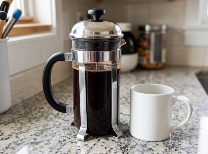 A French press brewing dark mushroom coffee on a kitchen counter with a mug beside it