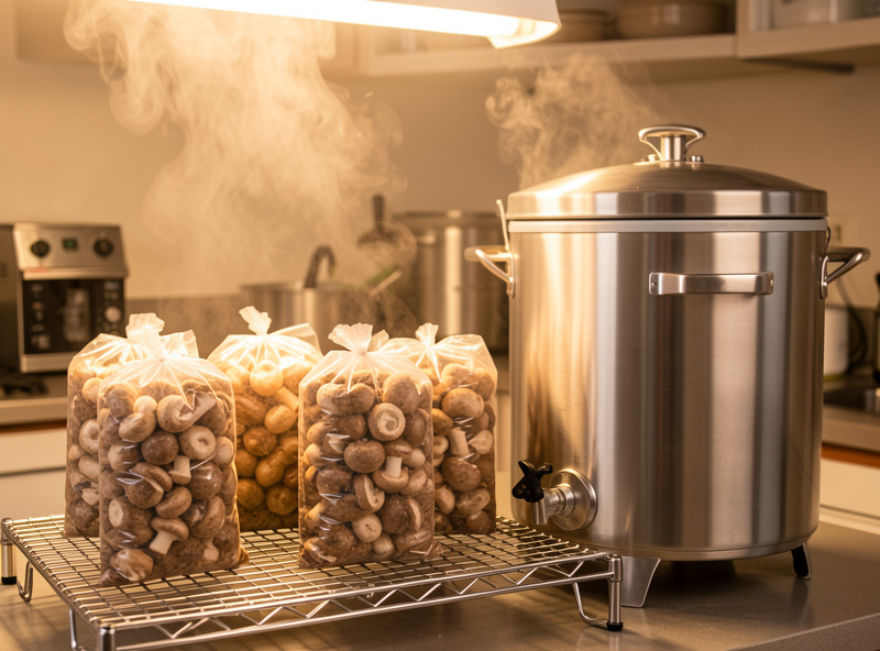 Row of filled mushroom grow bags cooling in a pressure canner rack after sterilization