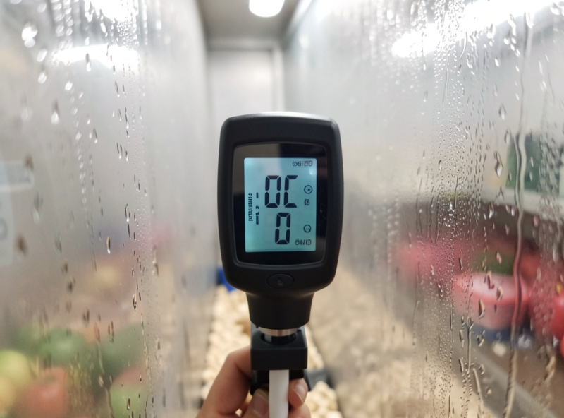 Digital hygrometer and thermometer probe clipped inside a humid fruiting chamber showing condensation
