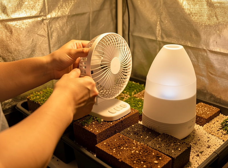 Hands adjusting a small circulation fan and ultrasonic humidifier beside colonized substrate blocks
