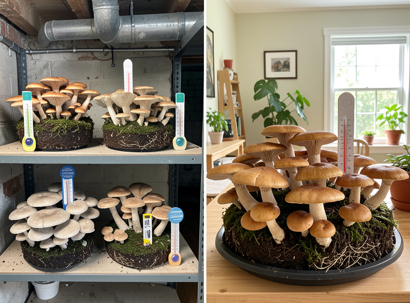 Two mushroom fruiting setups side by side, a cool basement shelf and a warm summer room with thermometers
