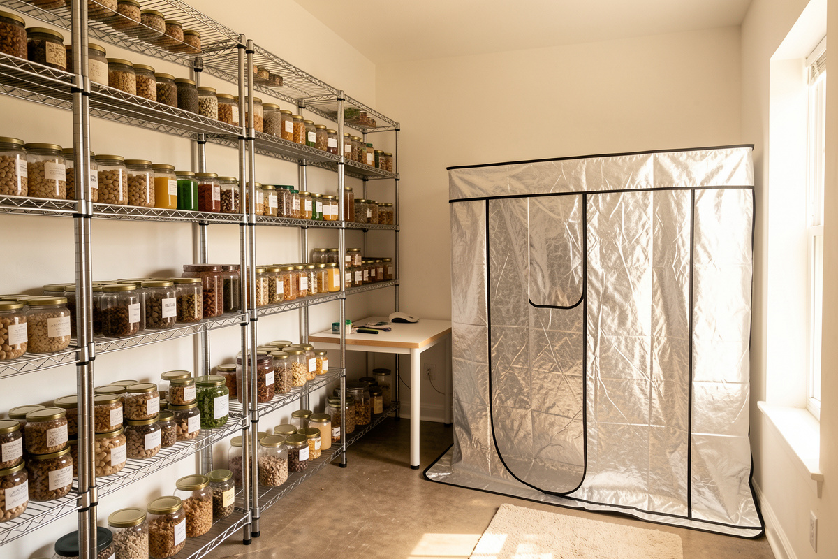 Small home mushroom grow room with wire shelving along one wall and a fruiting tent in the corner