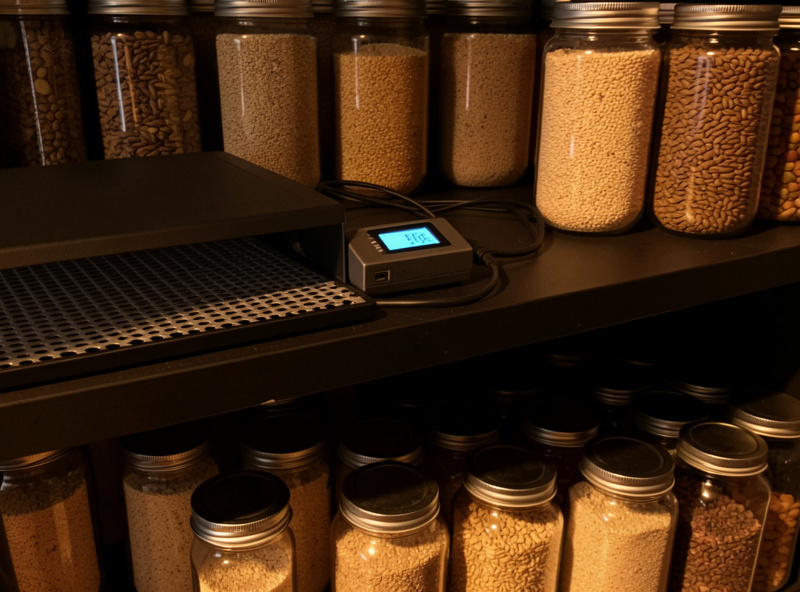 Dark colonization shelf with a heat mat and digital thermostat holding rows of colonizing grain jars
