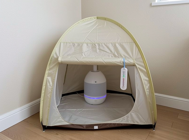 Compact mushroom fruiting tent with an ultrasonic humidifier and hygrometer holding fruiting blocks