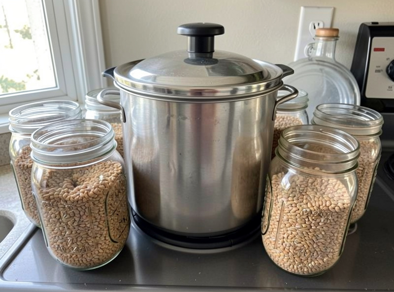 Stovetop pressure canner surrounded by jars of rye grain spawn ready for sterilization