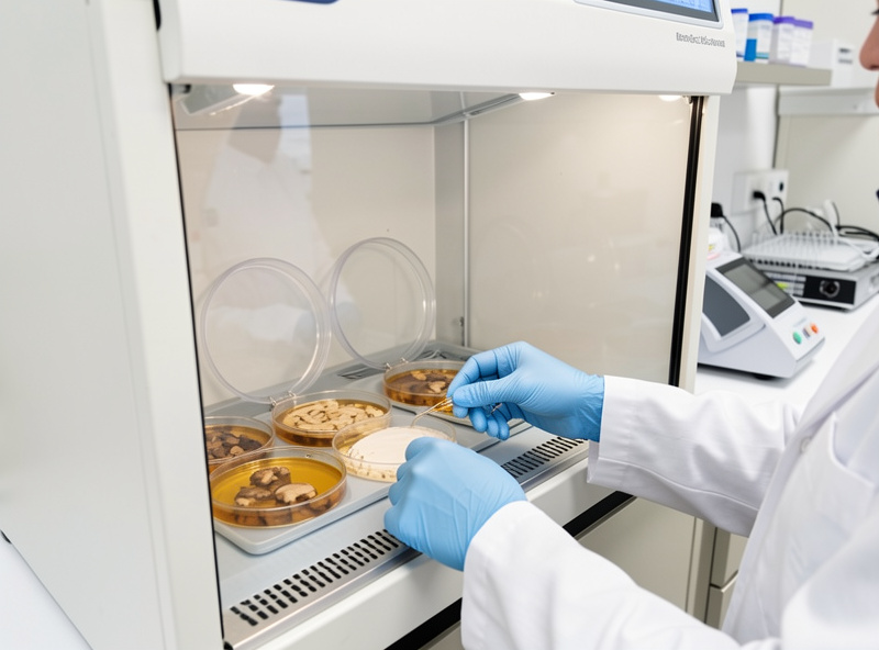 Laminar flow hood with open agar plates during a sterile transfer