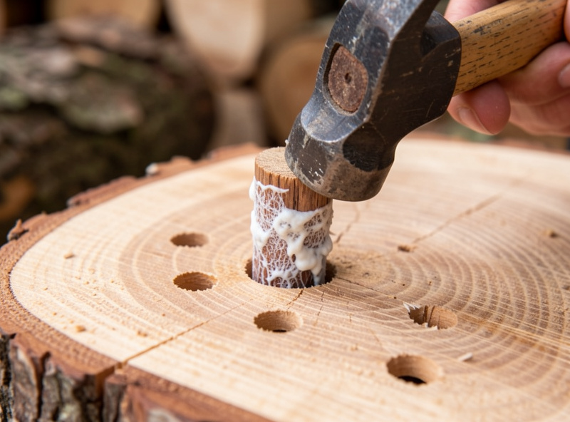 Colonized wooden dowel plugs being tapped with a hammer into drilled holes in a fresh oak log