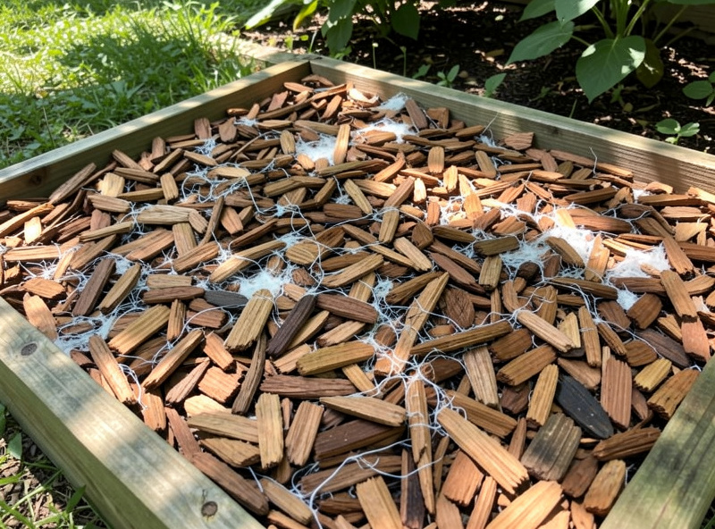 Outdoor garden bed of hardwood wood chips with white mycelium threading through the chips in dappled shade