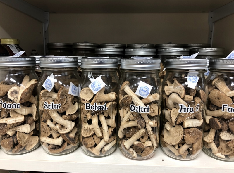 Rows of labeled glass mason jars filled with dried mushrooms with oxygen absorber packets on a pantry shelf