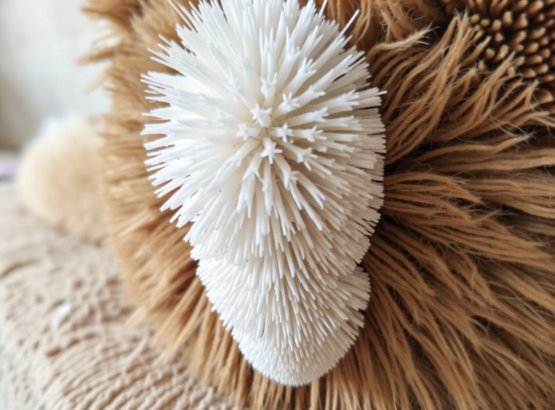 Lion's mane fruiting block with a cascading white pom-pom of soft spines