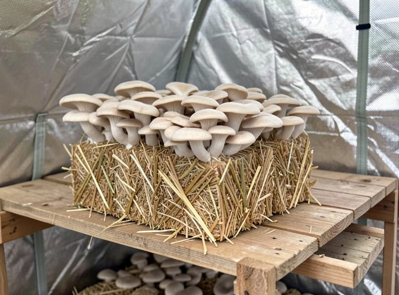 Shelf cluster of pearl oyster mushrooms fruiting from a straw block in a tent