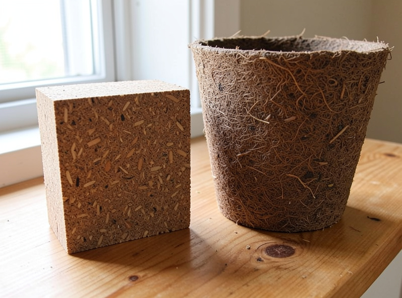 Hardwood masters mix sawdust block beside a coir vermiculite tub on a bench