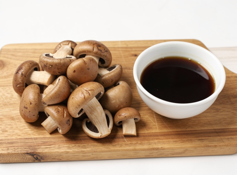 Plump rehydrated mushrooms on a board beside a small bowl of reserved dark mushroom stock