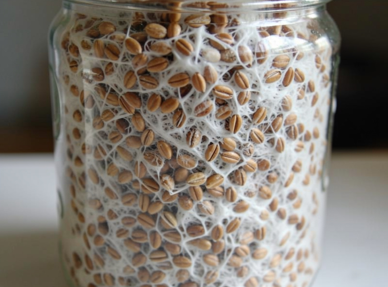A jar of fully colonized rye grain spawn with dense white mycelium binding the berries