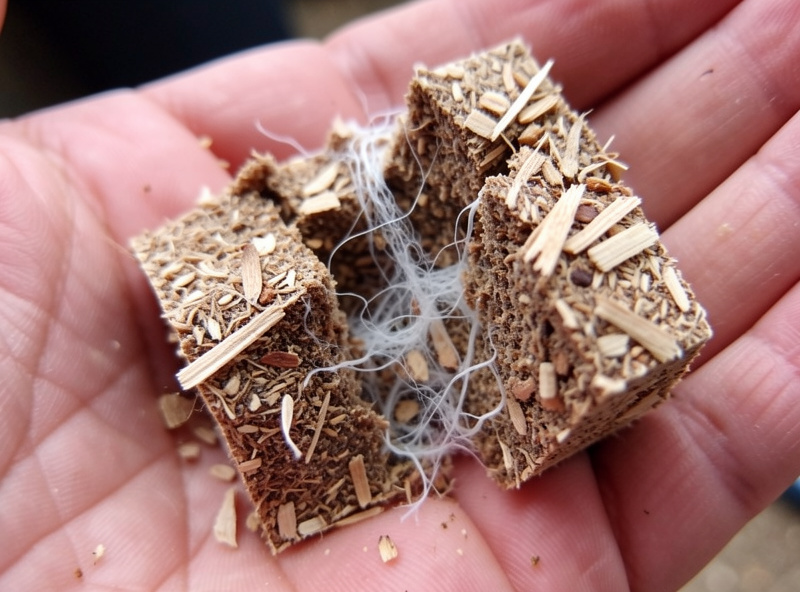 A block of colonized hardwood sawdust spawn breaking apart, white mycelium threaded through the sawdust