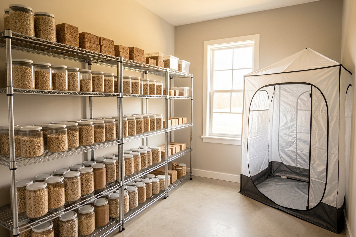 Organized home mushroom grow room with wire shelving holding colonizing grain jars and fruiting blocks
