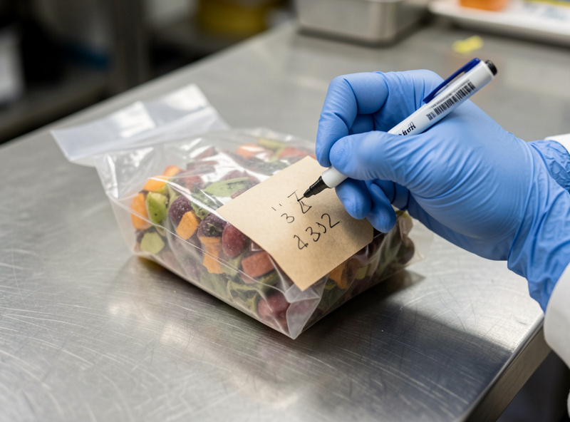 Gloved hands labeling a fruiting block bag with a dated paper tag on a stainless workbench