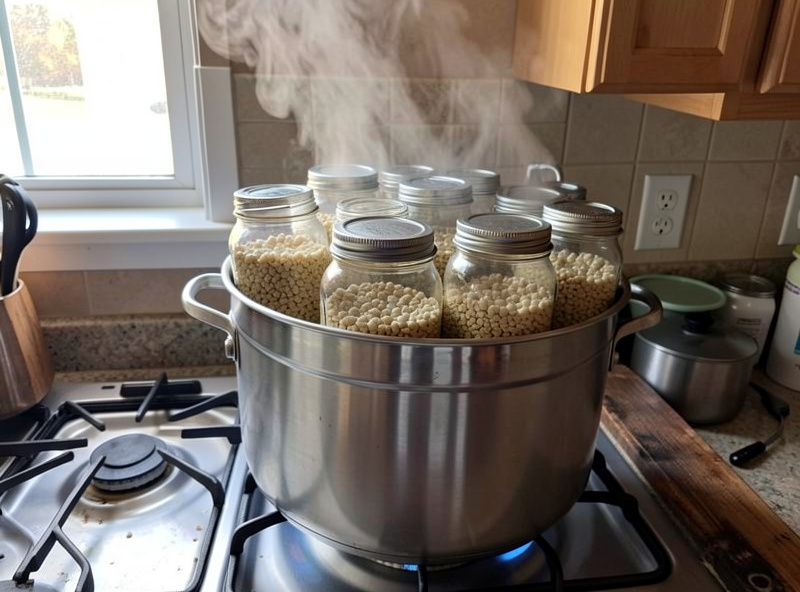 Large stovetop pressure canner loaded with quart jars of grain spawn steaming on a stove