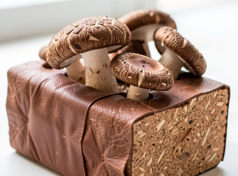 Shiitake sawdust block with a leathery chocolate-brown skin and mature caps emerging