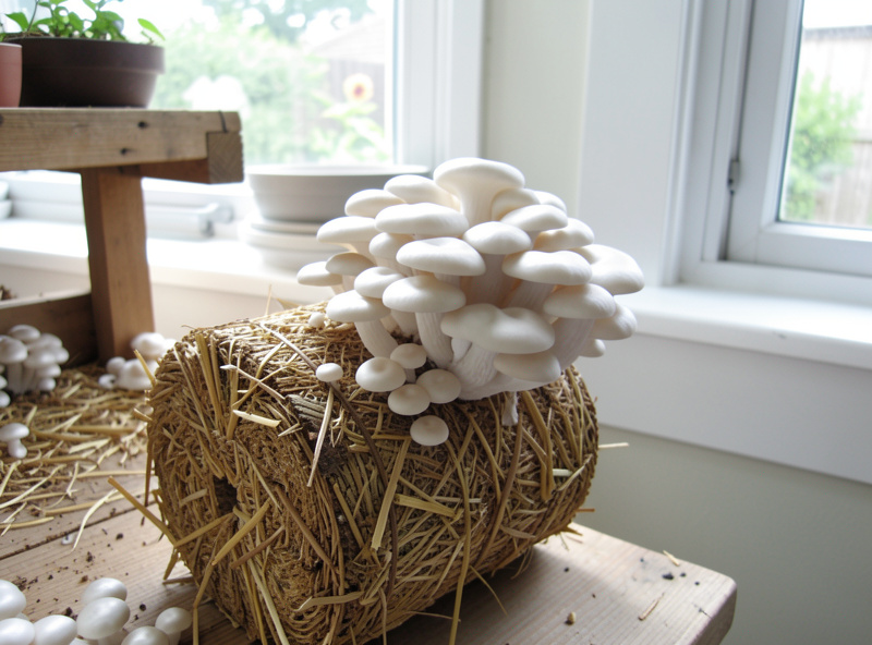 Cluster of pearl oyster mushrooms fruiting from a straw log in a home grow space