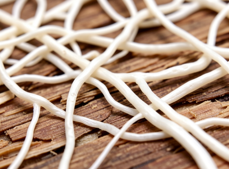 Extreme macro of healthy rhizomorphic white mushroom mycelium showing ropey reaching strands across grain