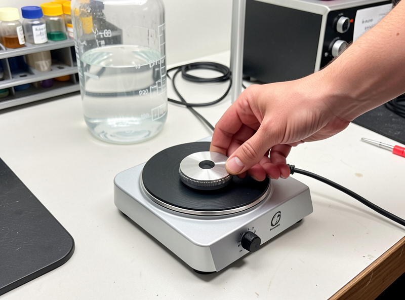 Hand adjusting the speed dial on a magnetic stir plate under a liquid culture jar