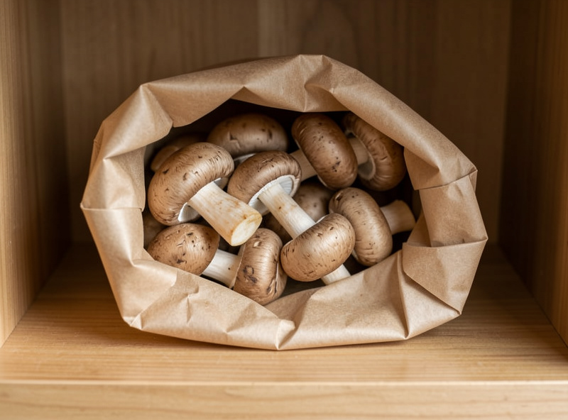 Fresh gourmet mushrooms in a folded paper bag on a wooden shelf