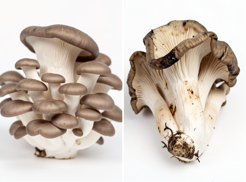Side-by-side of a fresh crisp oyster mushroom cluster next to a wilted spoiled one