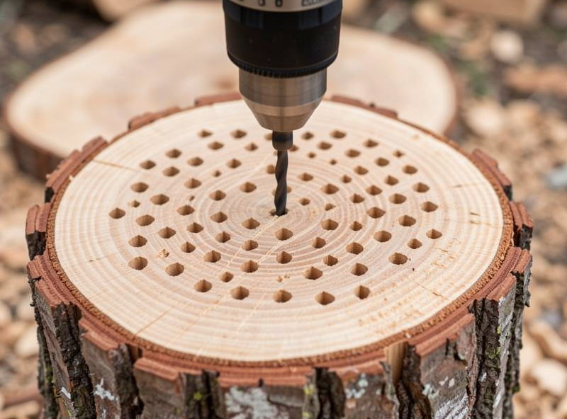 A drill boring a diamond pattern of holes into the top face and sides of a fresh tree stump