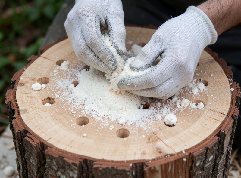 Gloved hands packing white sawdust spawn into drilled holes across the cut face of a stump