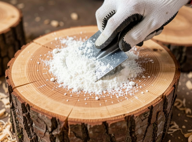 A gloved hand troweling a layer of white sawdust spawn onto the freshly cut face of a hardwood log round