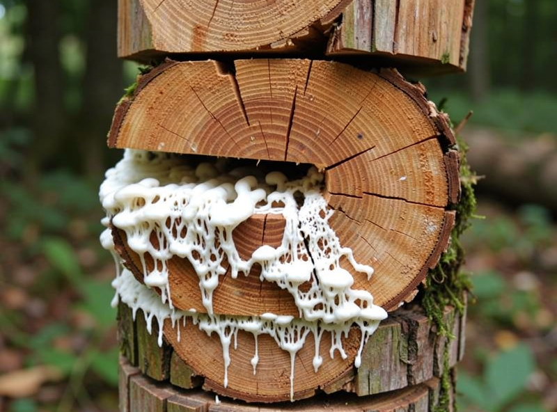 A colonized log totem showing white mycelium spreading across the end grain between the stacked rounds