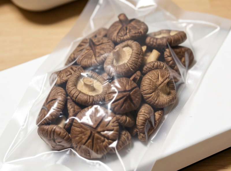 A vacuum sealer bag full of dried shiitake mushrooms being sealed