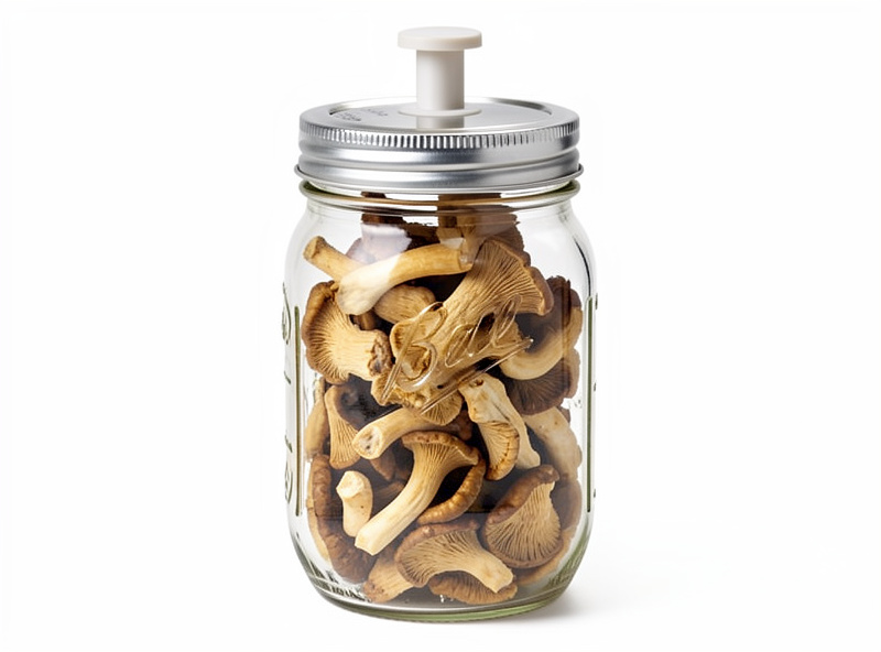 A wide-mouth mason jar of dried oyster mushrooms with a vacuum jar-sealer attachment on top