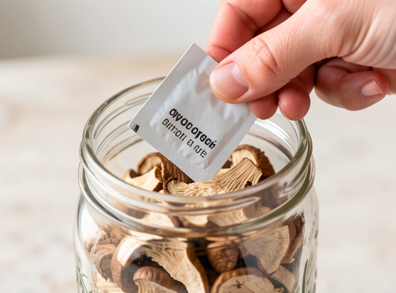 A hand dropping a small oxygen absorber packet into a jar of dried mushrooms
