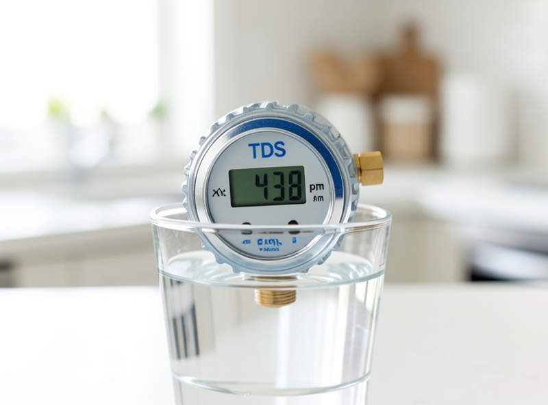 TDS water meter dipped in a glass of water showing a digital ppm reading