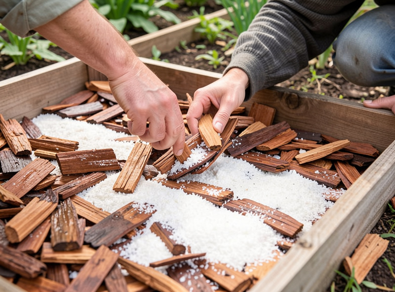 A gardener layering white sawdust spawn between layers of soaked hardwood wood chips in a garden bed