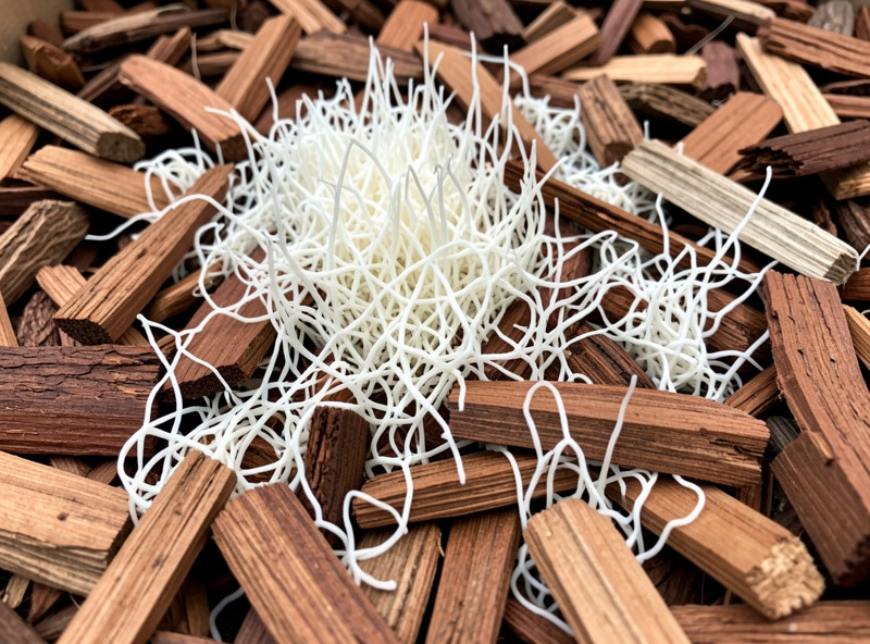 Dense white mycelium threading through hardwood wood chips in an established outdoor bed
