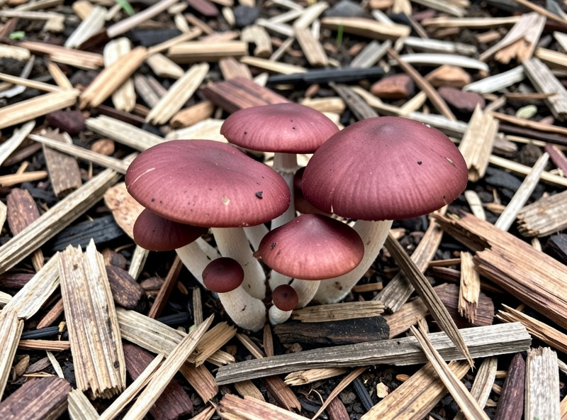 Burgundy-capped wine cap king stropharia mushrooms fruiting from a mulch and wood-chip bed